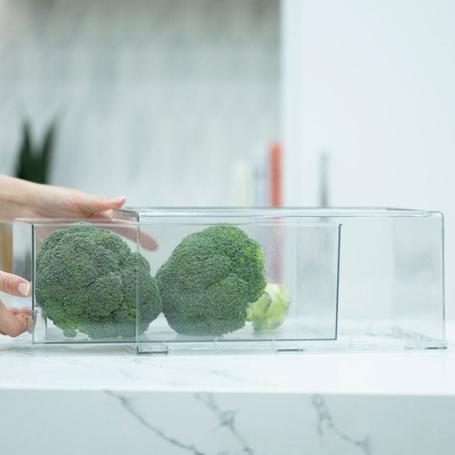 Clear Modular Drawer Organiser – Large used for pantry organisation, storing fresh broccoli. Ideal for kitchen storage organisers.