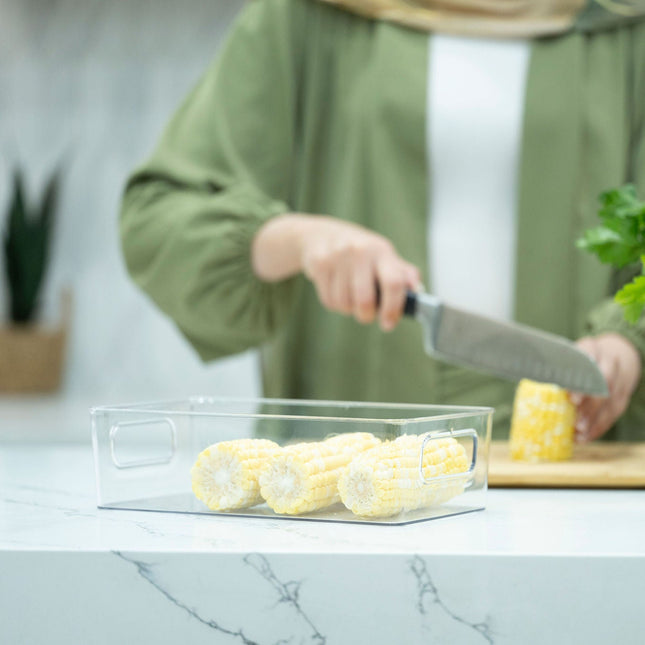Clear Multi-Use Storage Tub With Lip – Small on kitchen counter, ideal for pantry organisation or under sink storage, with fresh corn inside.