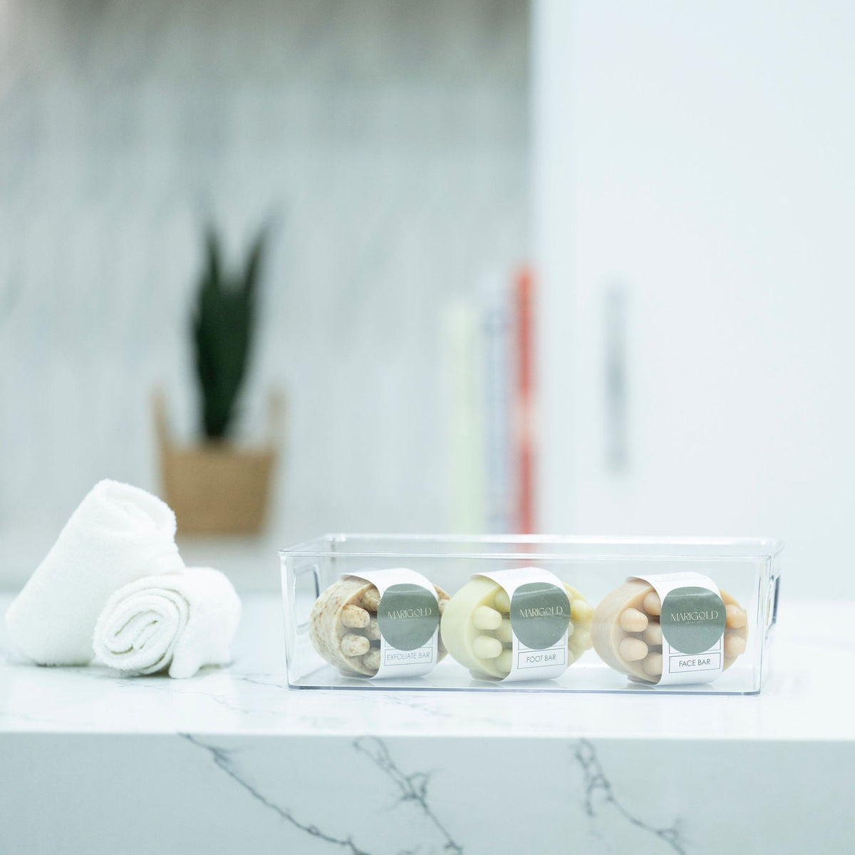 Clear Multi-Use Storage Tub With Lip – Small on a bathroom counter for efficient storage organisation.