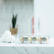Clear Multi-Use Storage Tub With Lip – Small on a bathroom counter for efficient storage organisation.