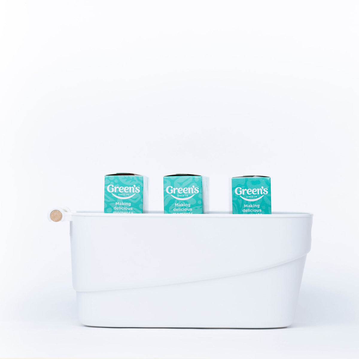 Medium White Storage Tub with Wooden Handle perfect for pantry organisation, storing items neatly with easy access.