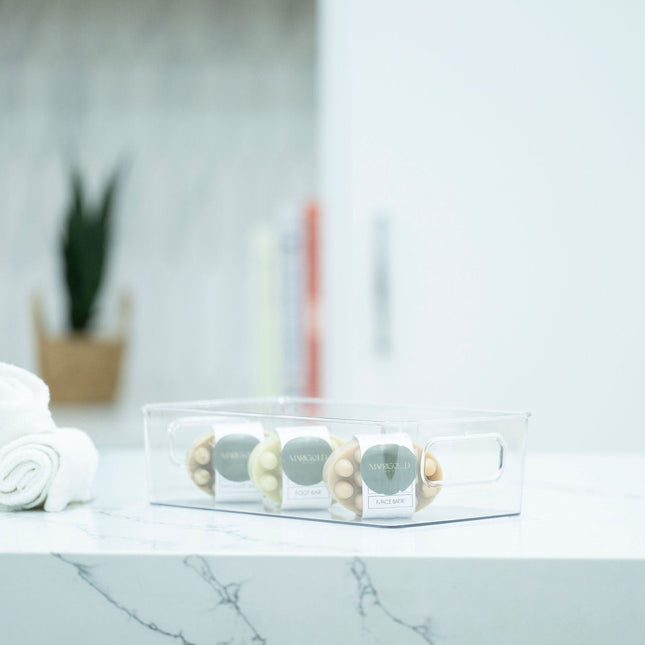 Clear Multi-Use Storage Tub With Lip – Small for pantry organisation displayed on a kitchen counter with spice jars inside.