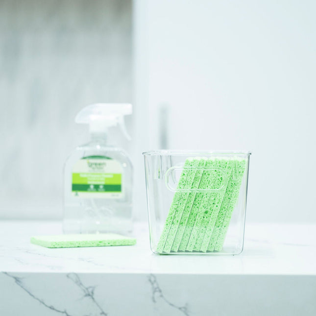 Clear Multi-Use Storage Tub With Lip – Medium holds green kitchen sponges, ideal for under sink storage and kitchen organisation.