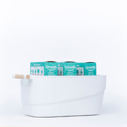 Medium White Storage Tub with Wooden Handle used for kitchen organisation, ideal for holding pull out bins and pantry essentials.