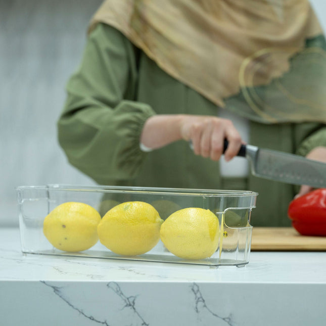 Clear Storage Tub With Handles - Medium in use on kitchen counter with lemons, ideal for kitchen organisation and storage organisers.
