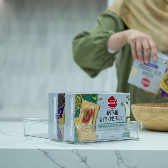 Clear Stackable Tub With Lip – Large used as storage organiser for crispbread packets on kitchen counter, enhancing kitchen organisation.