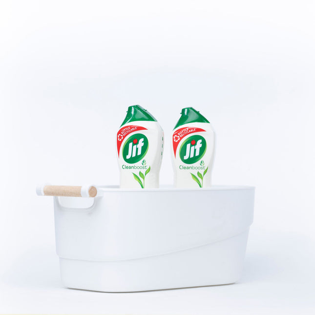 Medium White Storage Tub with Wooden Handle holding cleaning products, ideal for kitchen or under sink organisation.