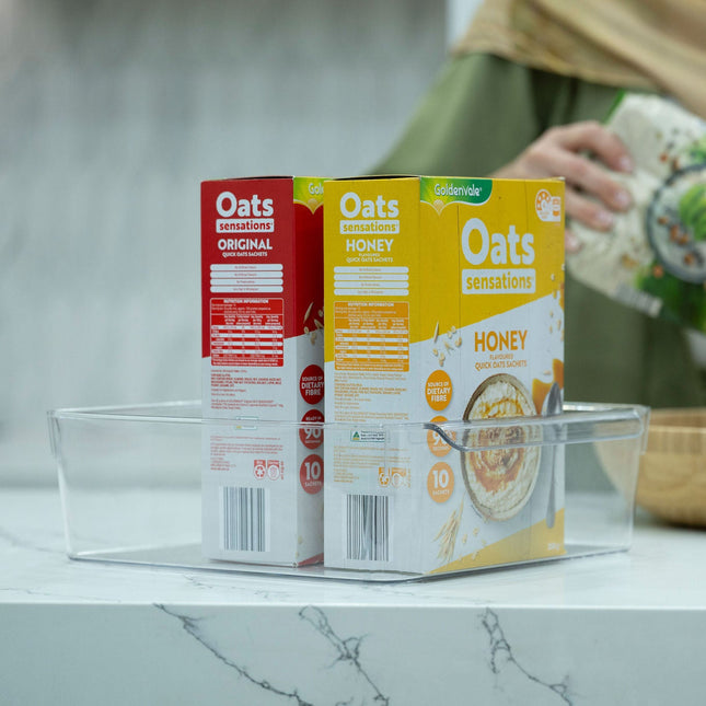 Clear Stackable Tub With Lip – XL used for organised pantry storage, holding cereal boxes, ideal for kitchen organisation.