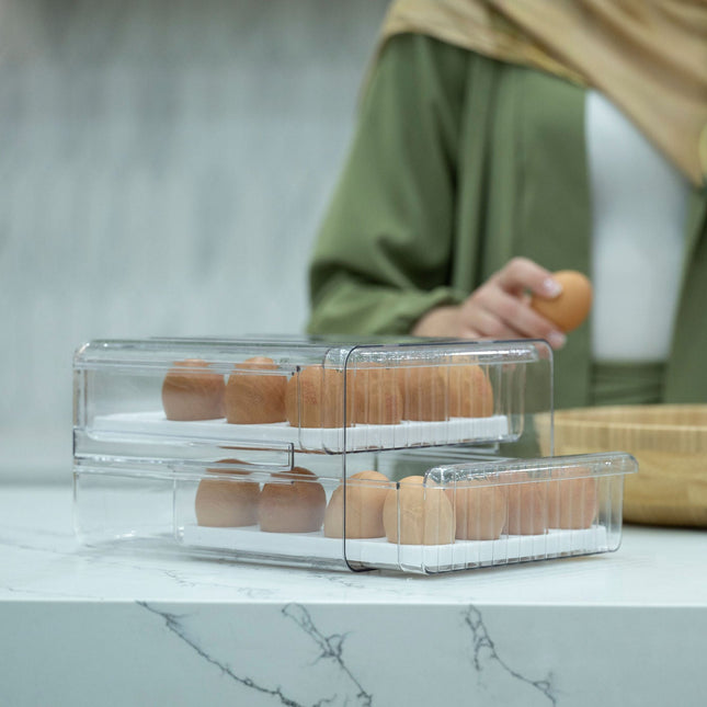 Two-Level Egg Organiser Drawer – Secure & Efficient Fridge Storage, ideal for kitchen egg storage and fridge organisation