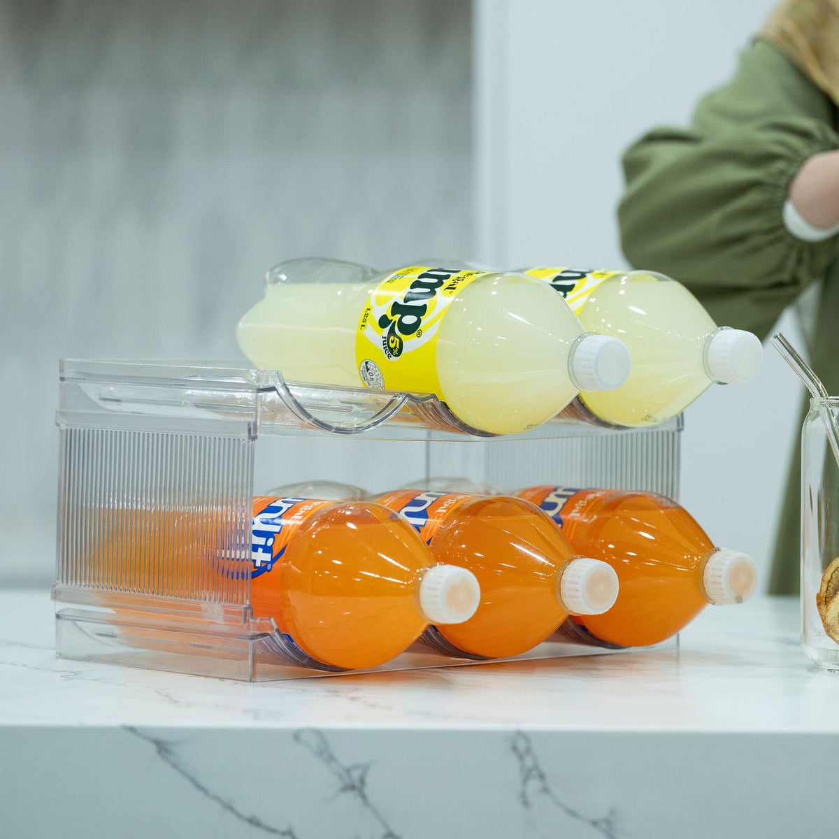 Large Stackable Bottle Organiser – Clear, Durable & Space-Saving in a kitchen setting, perfect for fridge organisation and storage.