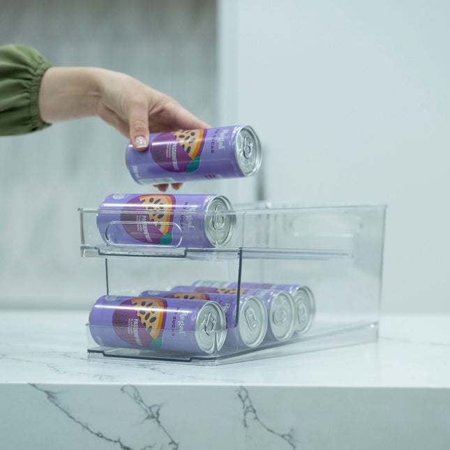 Spin & Store Drink Can Organiser for fridge use, showcasing kitchen organisation with easy access to beverage cans.