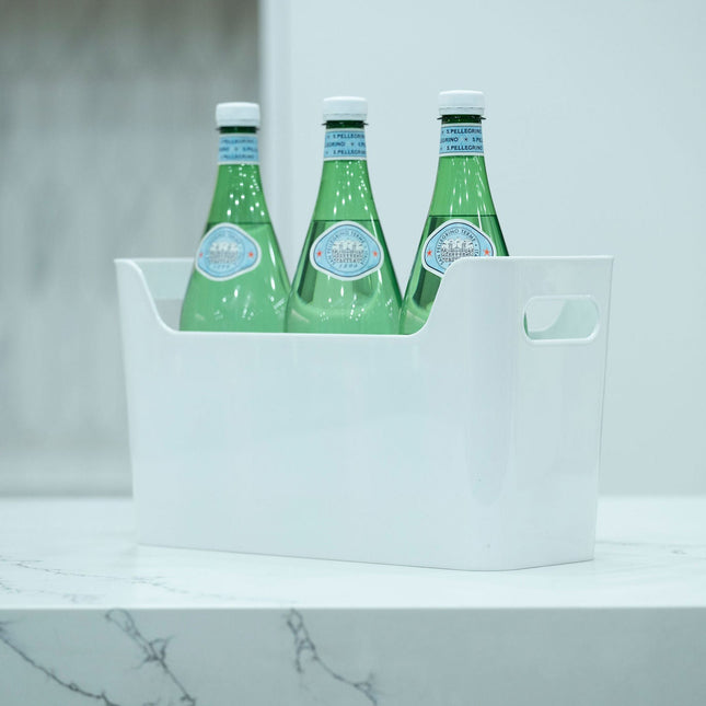Pull-Out Organiser – White with glass bottles, ideal for kitchen or pantry organisation and under sink storage solutions.
