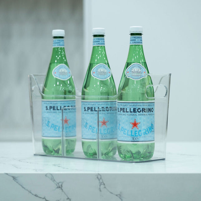 Pull-Out Organiser – Clear displaying glass bottles, ideal for fridge organisation and efficient under sink storage in kitchens.