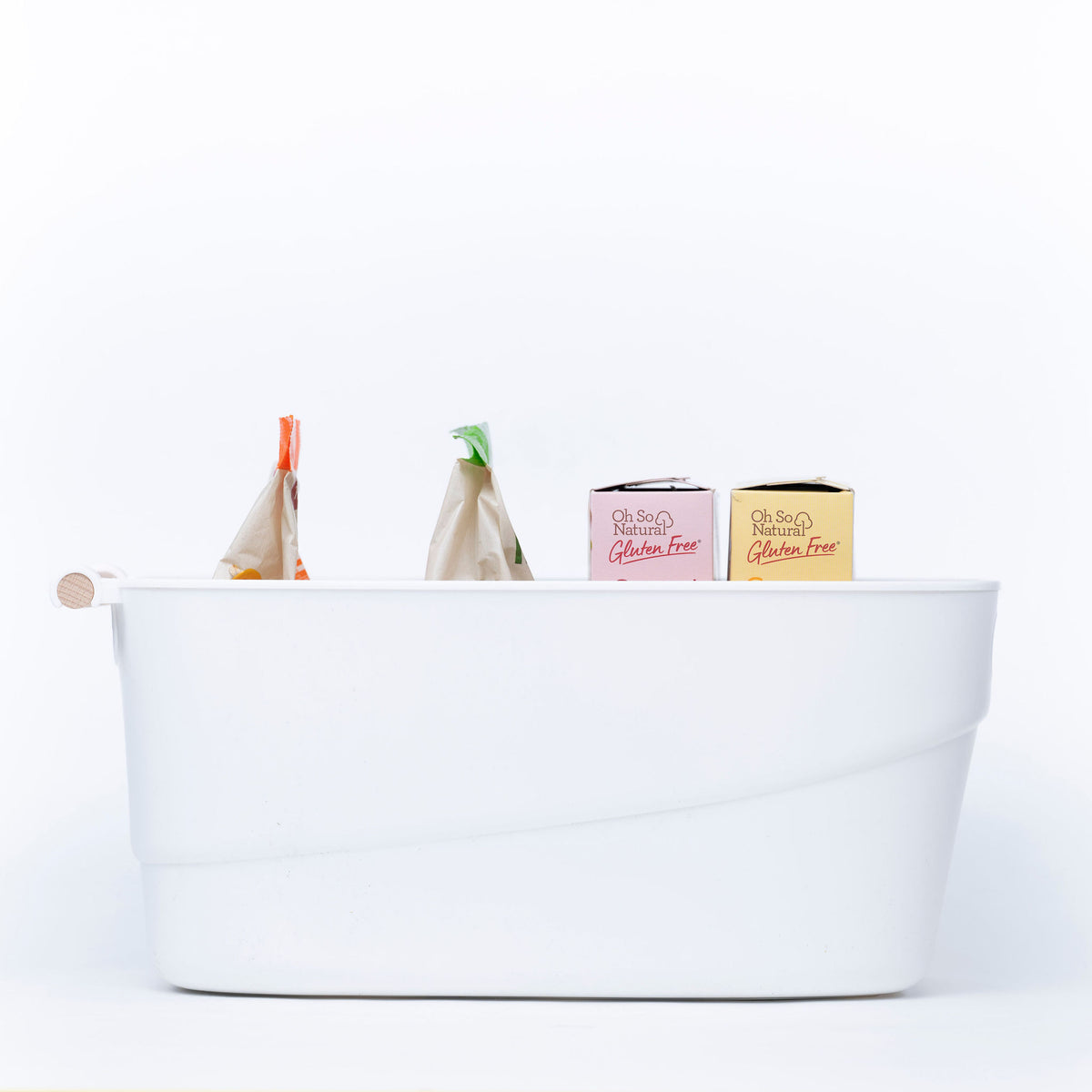 Large White Storage Tub – Wooden Handles, Stylish & Strong, perfect for pantry organisation with storage organisers for kitchen use.