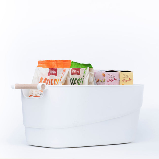 Large White Storage Tub – Wooden Handles, Stylish & Strong, used for pantry organisation with snacks, enhancing kitchen storage solutions.