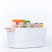 Large White Storage Tub – Wooden Handles, Stylish & Strong, used for pantry organisation with snacks, enhancing kitchen storage solutions.