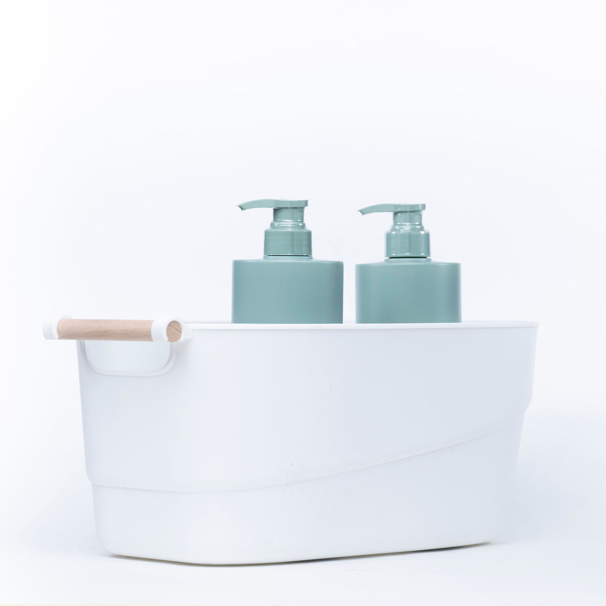 Large White Storage Tub – Wooden Handles, Stylish & Strong, perfect for under sink storage or kitchen organisation, holding soap dispensers.