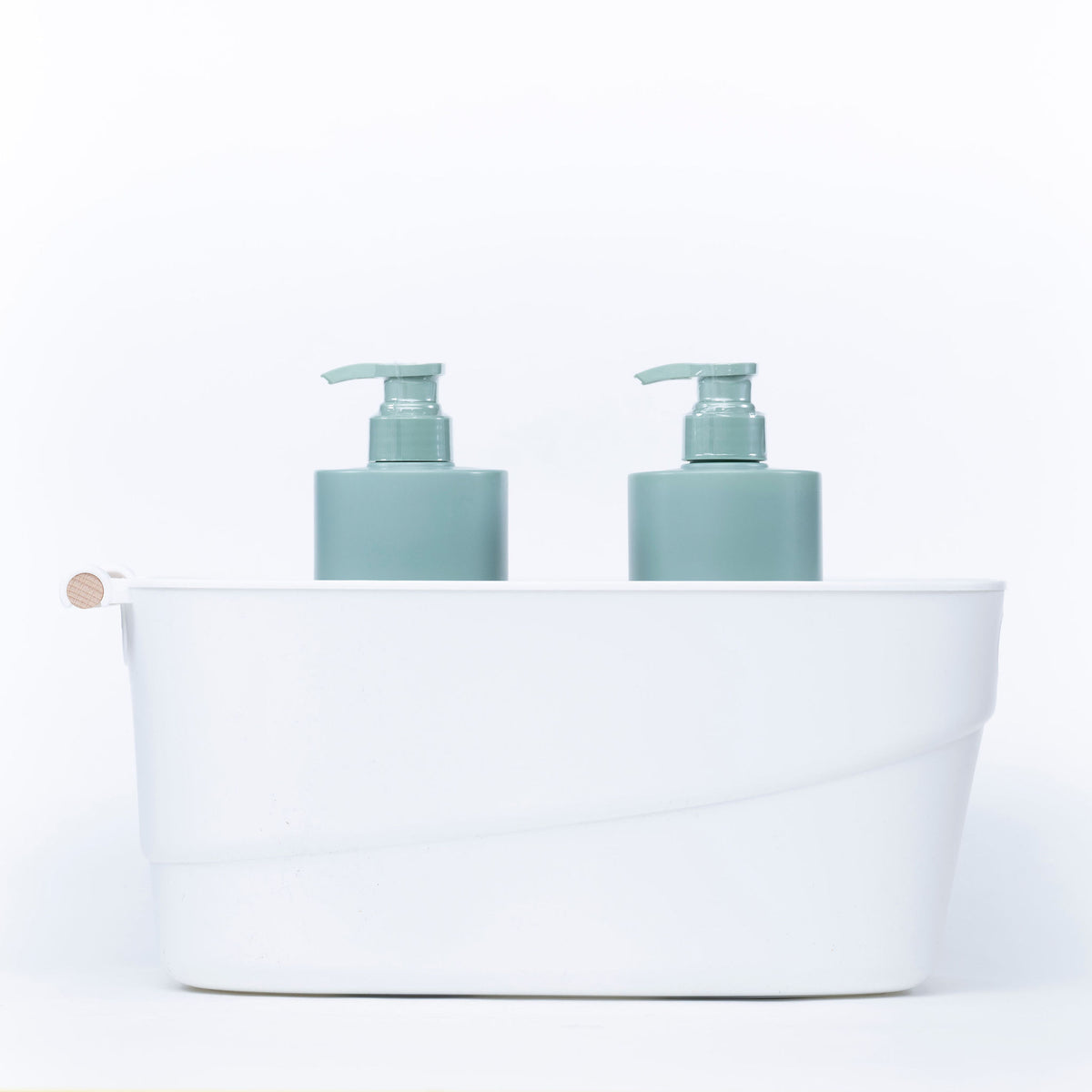 Large White Storage Tub – Wooden Handles, Stylish & Strong, used for bathroom organisation with soap dispensers, ideal as under sink storage.