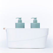 Large White Storage Tub – Wooden Handles, Stylish & Strong, used for bathroom organisation with soap dispensers, ideal as under sink storage.