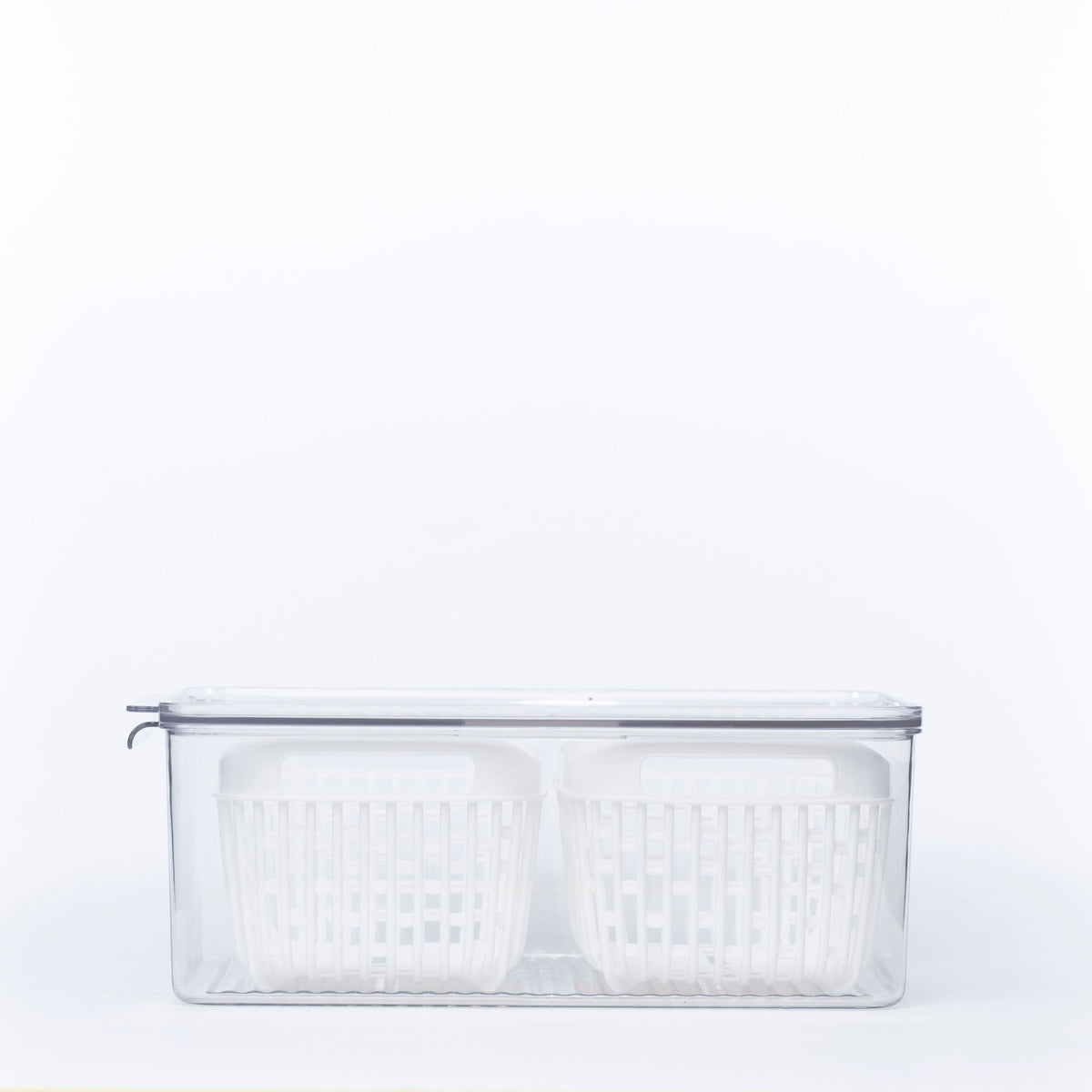 Fridge Storage Container with Double Basket for efficient kitchen and pantry organisation, ideal for use as fridge organisers or drawer organisers.