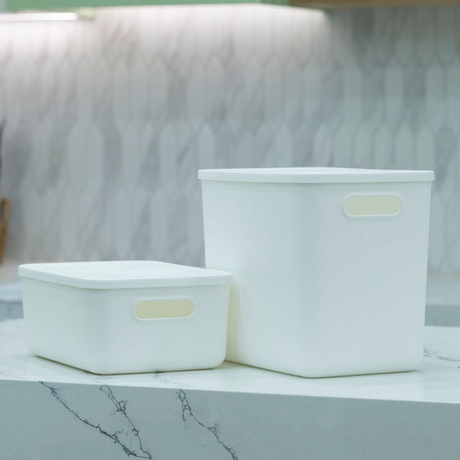 Medium White Storage Tub with Lid on kitchen bench, perfect for pantry organisation or under sink storage, ideal as storage organisers.