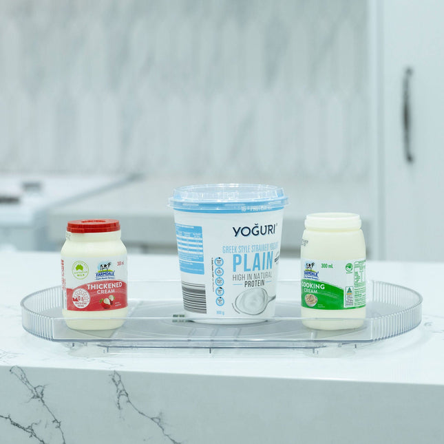 Rectangular Rotating Lazy Susan – Space-Saving Fridge Turntable with condiments, ideal for kitchen organisation and fridge organisers.