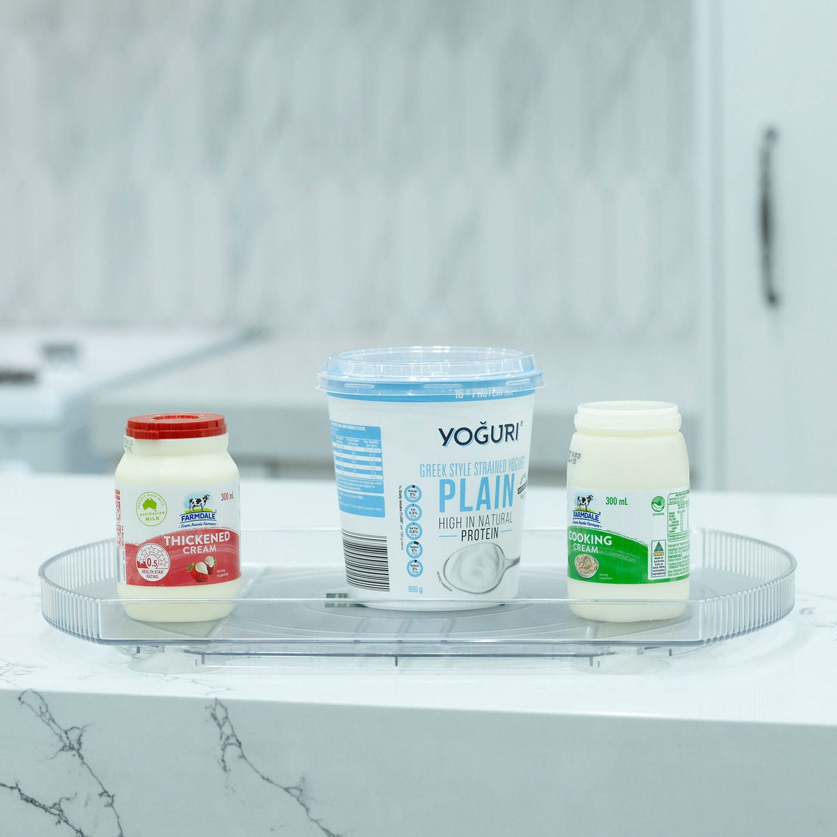 Rectangular Rotating Lazy Susan – Space-Saving Fridge Turntable with condiments, ideal for kitchen organisation and fridge organisers.