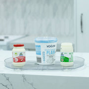 Rectangular Rotating Lazy Susan – Space-Saving Fridge Turntable with condiments, ideal for kitchen organisation and fridge organisers.