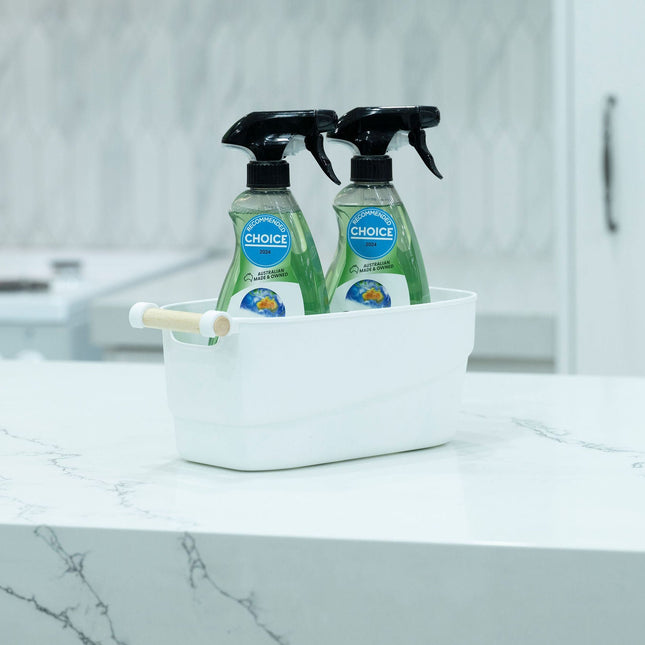 Small White Storage Tub – Stylish with Wooden Handles for kitchen organisation; ideal for holding cleaning supplies on the counter.