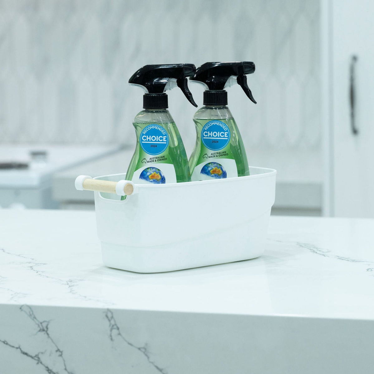 Small White Storage Tub – Stylish with Wooden Handles for kitchen organisation; ideal for holding cleaning supplies on the counter.