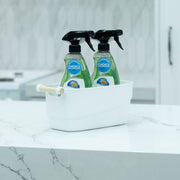 Small White Storage Tub – Stylish with Wooden Handles for kitchen organisation; ideal for holding cleaning supplies on the counter.