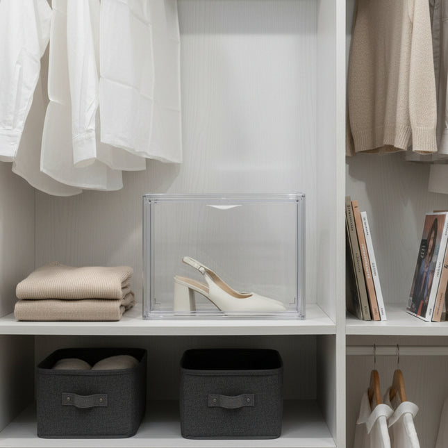 Clear Acrylic Stackable Box – Large Bag & Shoe Storage Organiser featuring a single shoe stored in a closet for wardrobe organisation.