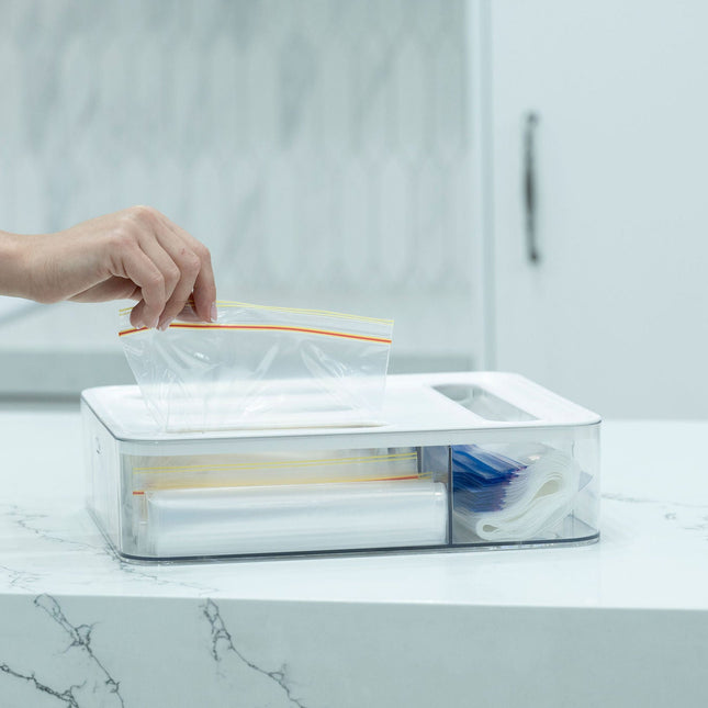 Acrylic Sandwich Bag Organiser – 4 Slot Dispenser on kitchen counter for efficient storage and pantry organisation.