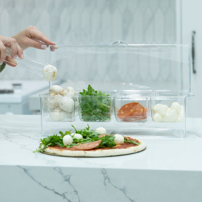 Condiment Serving Container – 4 Inserts with Tongs used in kitchen for food prep, enhancing kitchen organisation and storage.