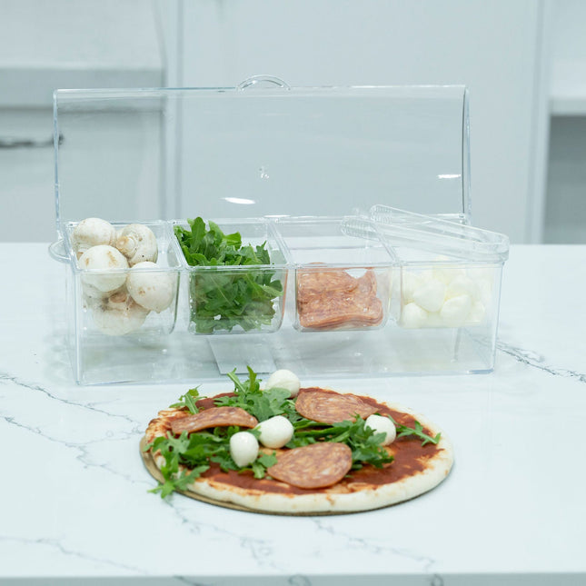 Condiment Serving Container – 4 Inserts with Tongs in kitchen setting, ideal for pantry organisation and storage.