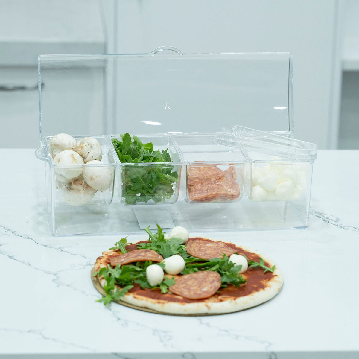 Condiment Serving Container – 4 Inserts with Tongs for kitchen organisation, holding mushrooms, greens, cured meat, and onions.
