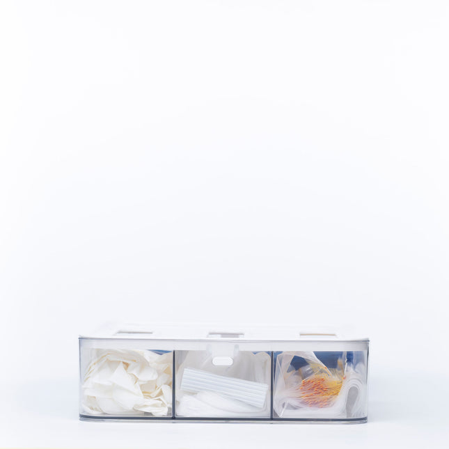 Acrylic Sandwich Bag Organiser – 4 Slot Dispenser for efficient kitchen pantry organisation and storage of sandwich bags.