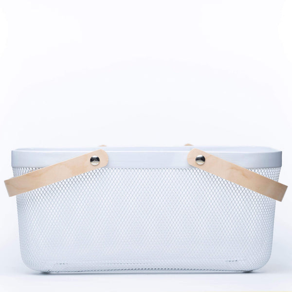 Large White Mesh Basket with Wooden Handles