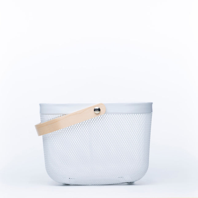 Small White Mesh Basket with Wooden Handle perfect for under sink storage, blending style and function in home organisation.