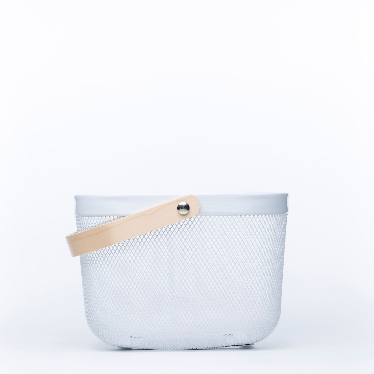 Small White Mesh Basket with Wooden Handle perfect for under sink storage, blending style and function in home organisation.