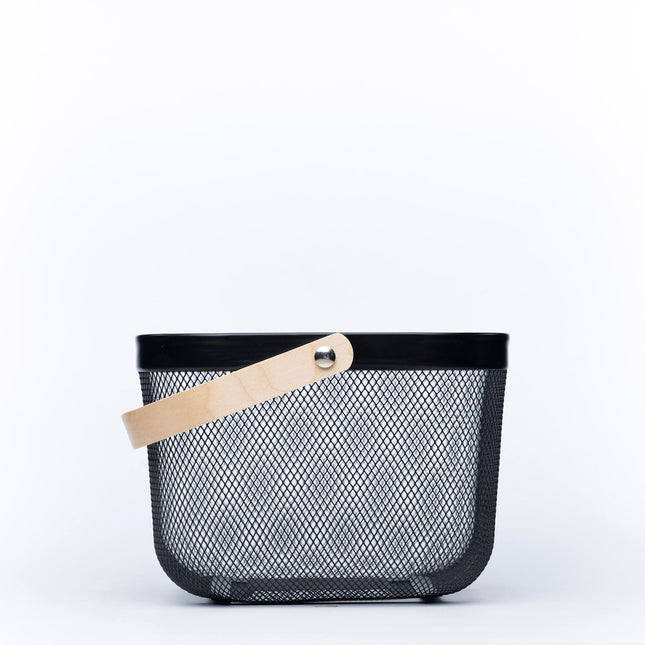 Small Black Handy Storage Basket with Wooden Handle ideal for kitchen organisation and pantry storage.