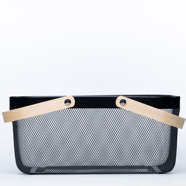 Large Black Handy Storage Basket with Wooden Handle ideal for kitchen organisation. Perfect for pantry or under sink storage.