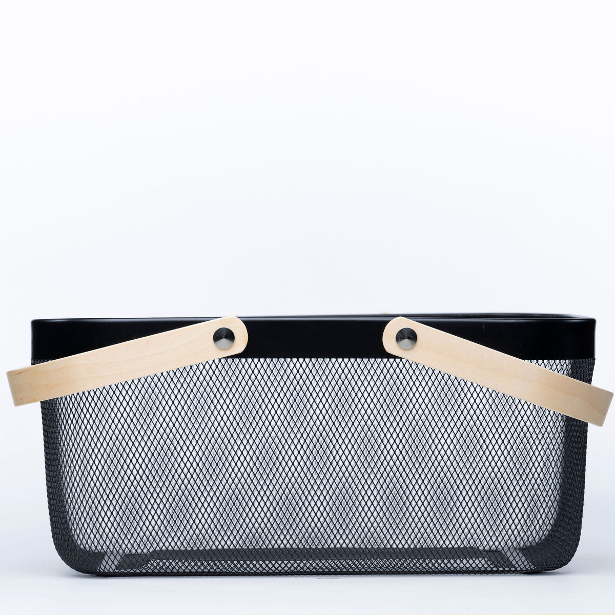 Large Black Handy Storage Basket with Wooden Handle ideal for kitchen organisation. Perfect for pantry or under sink storage.