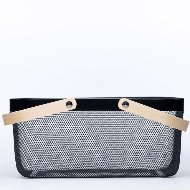 Black Mesh Storage Basket With Bamboo Handle – 4 Pack