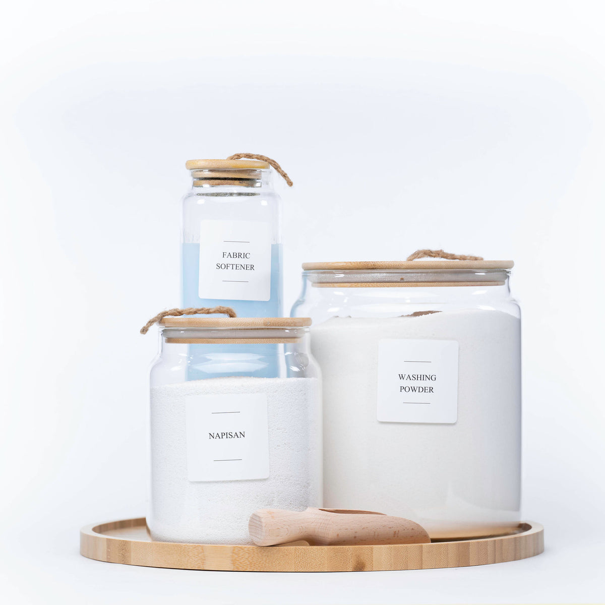 Glass jars set from New Home Set Up Pack for pantry organisation, ideal for storing napisan, washing powder, and fabric softener.