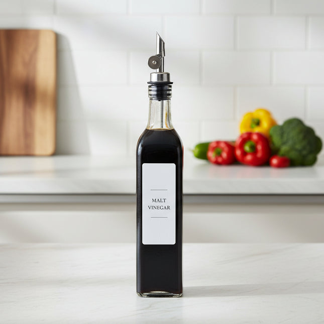 Clear Oil & Vinegar Bottle – 500 ml ideal for kitchen pantry organisation, enhancing countertop storage with sleek glass design.