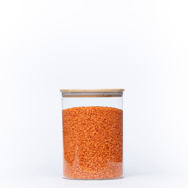Large Glass Storage Jar with Bamboo Lid 3.2L - Kitchen Pantry Container filled with lentils for efficient pantry organisation.