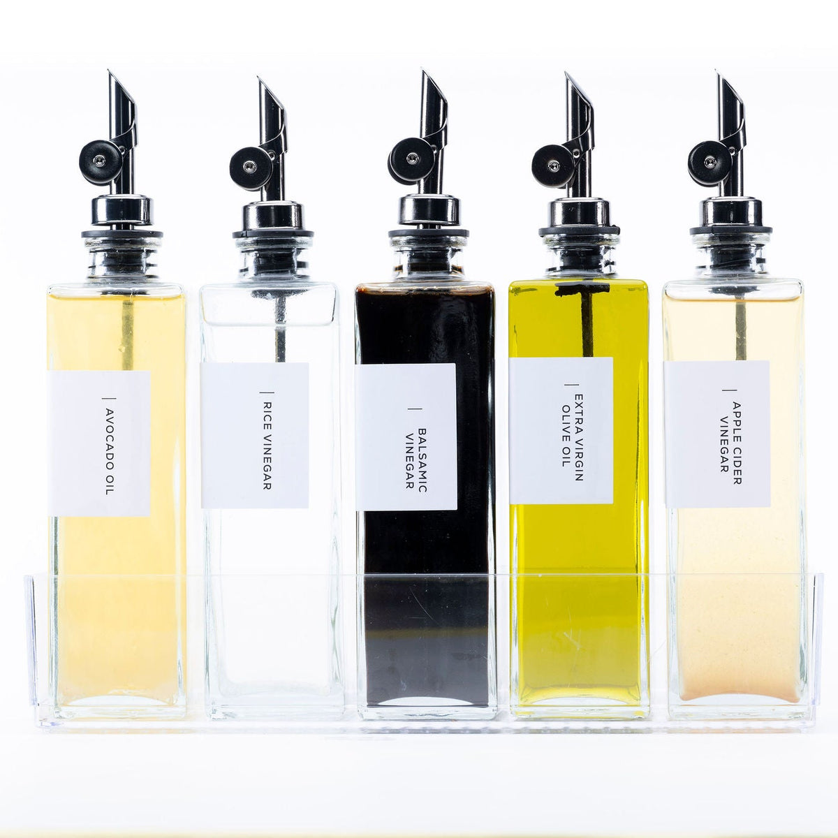 Glass Oil & Vinegar Bottles with Tray – 5 Pack, ideal for kitchen organisation and pantry storage of oils and vinegar.