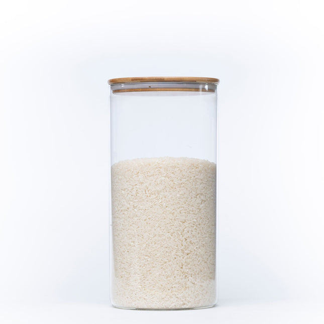 Large Glass Storage Jar with Bamboo Lid 4.8L filled with rice, ideal for kitchen pantry and organisation with glass jars.