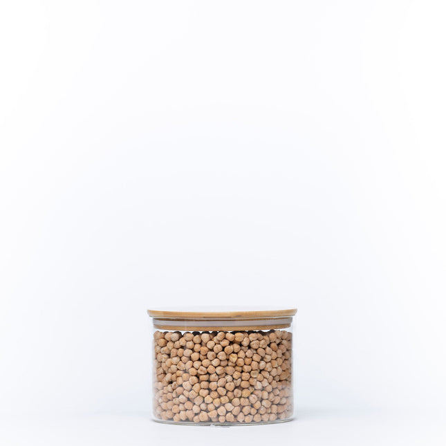 Large Glass Storage Jar with Bamboo Lid 1.6L, ideal for kitchen pantry organisation, storing dry goods like chickpeas.